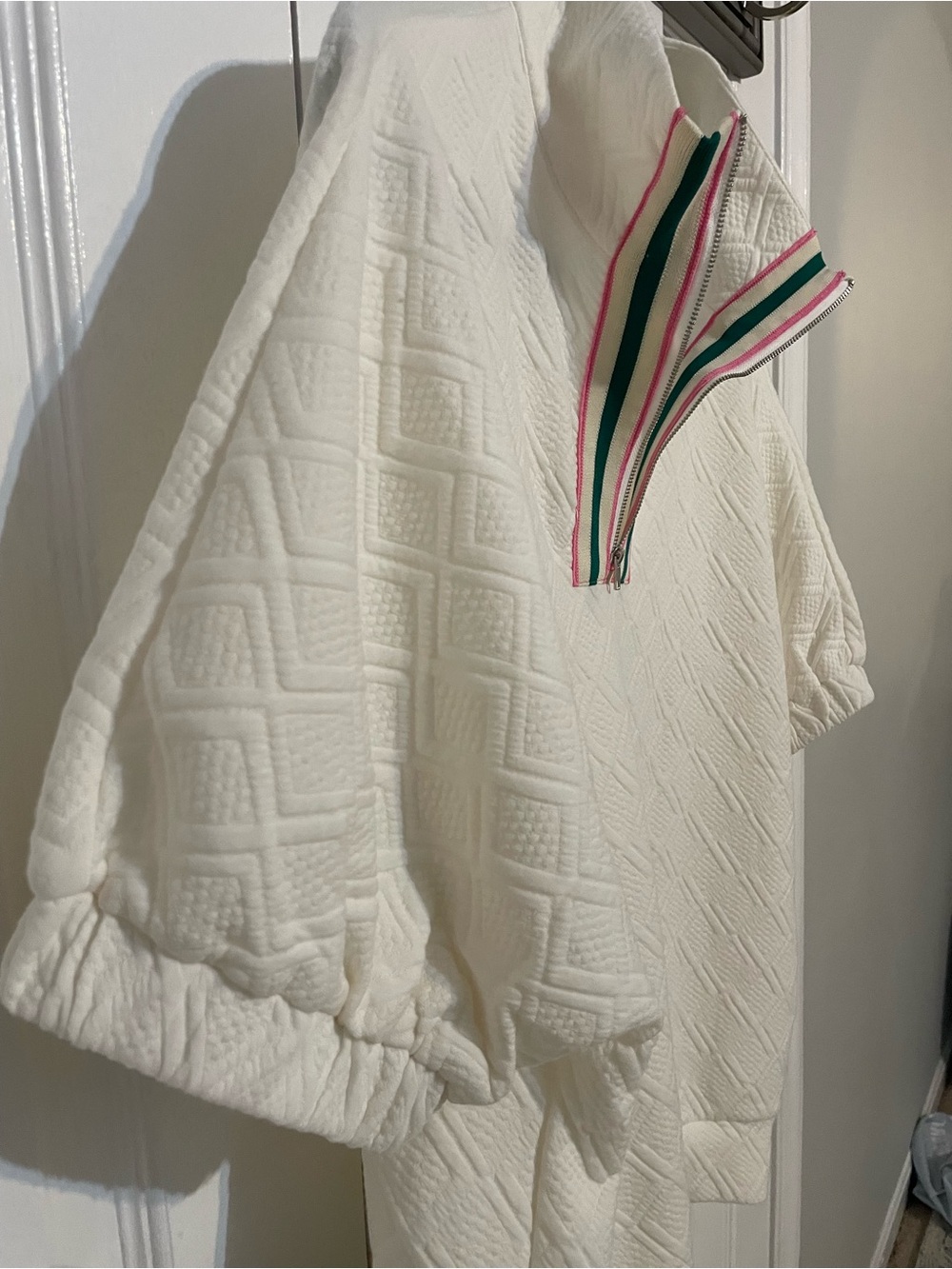 White Knit Half-Zip Pullover Top with Pink & Green Trim - Picture 7 of 9